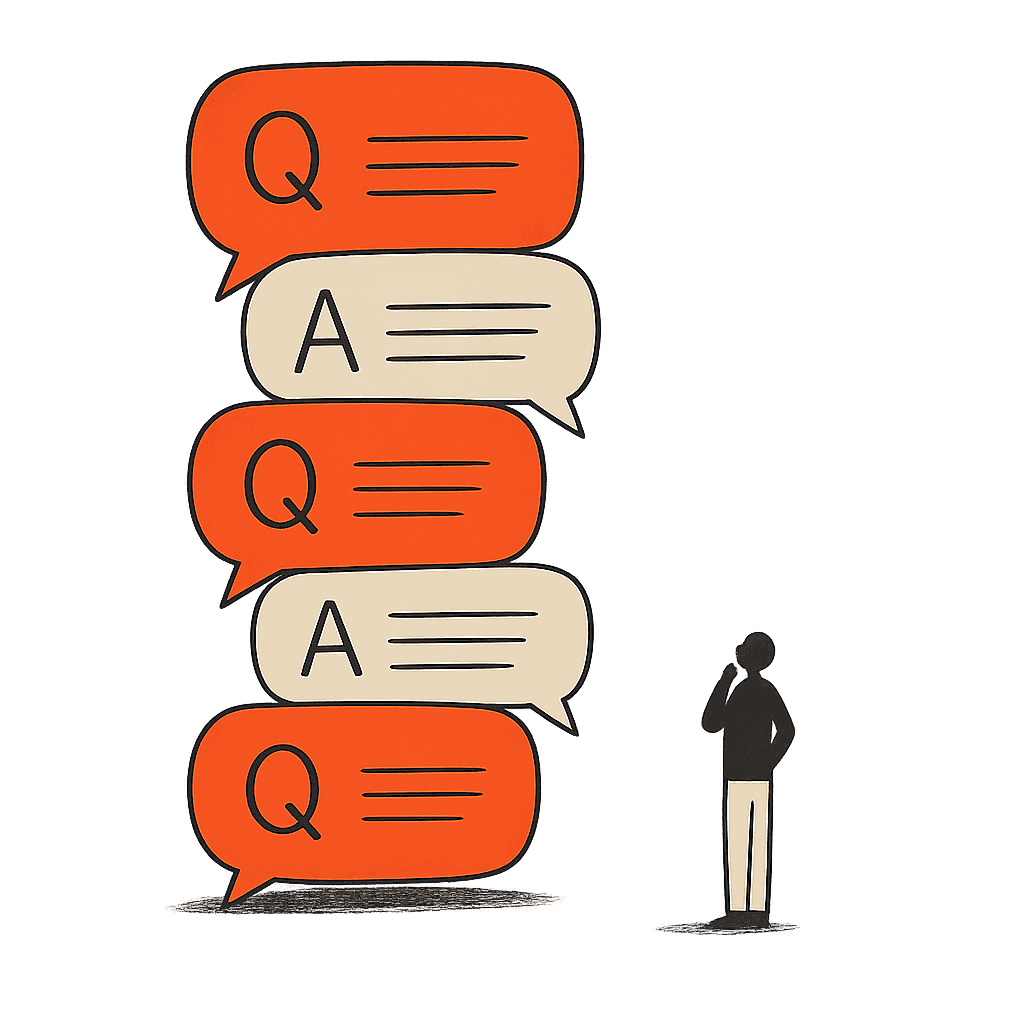 Contemplative thoughts in Q&A speech bubbles