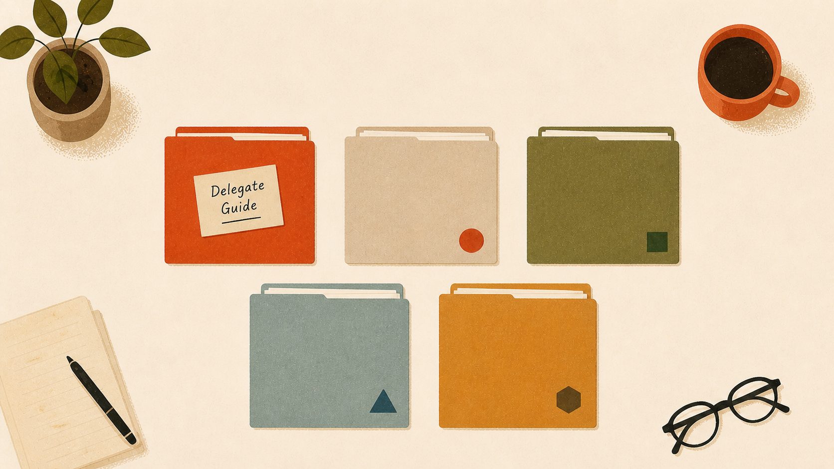 Top-down view of a desk with five color-coded folders