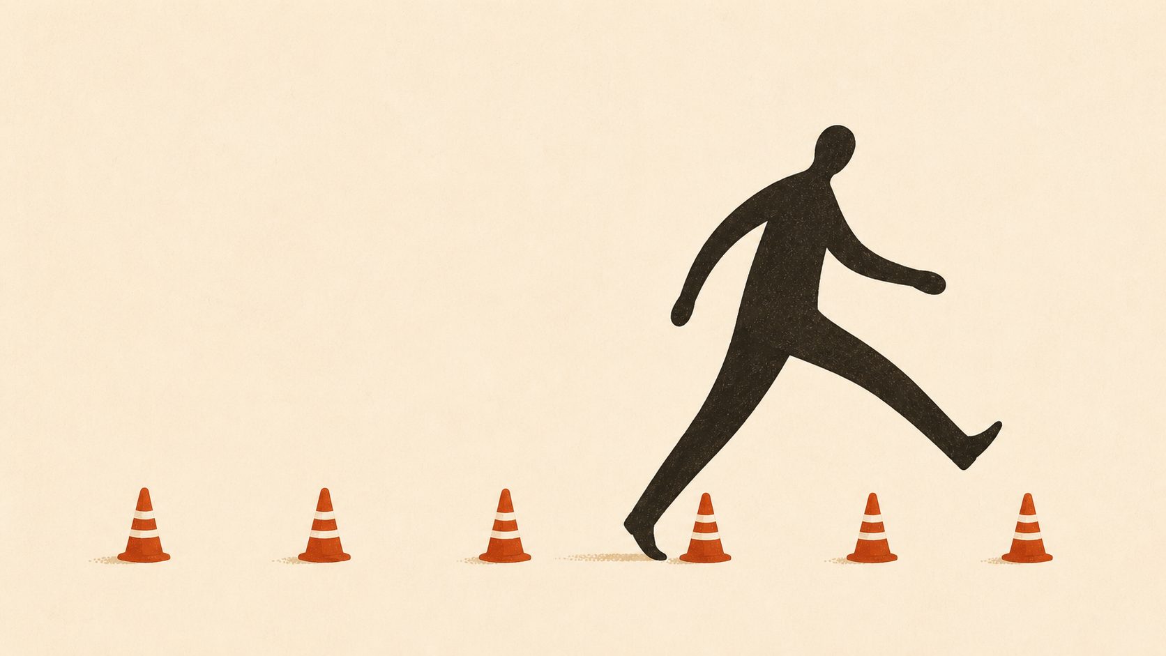 A figure stepping confidently past five small hazard cones